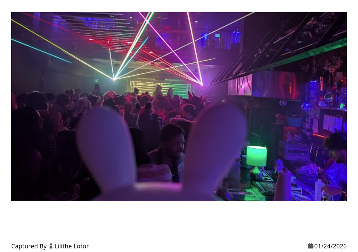 A bunny night light being held up at a Geary Avenue Warehouse rave with furries by Muzzled